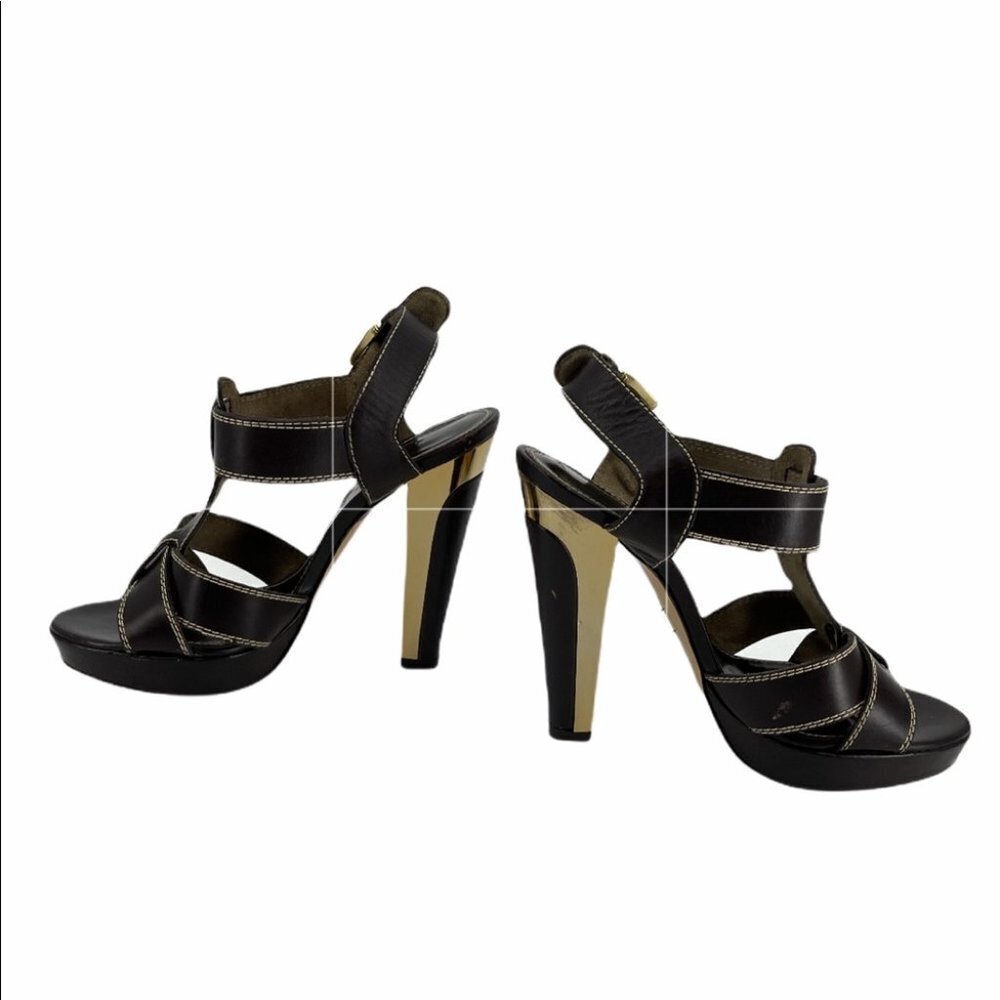 Barbara Bui brown gold strappy buckle high heel sandals